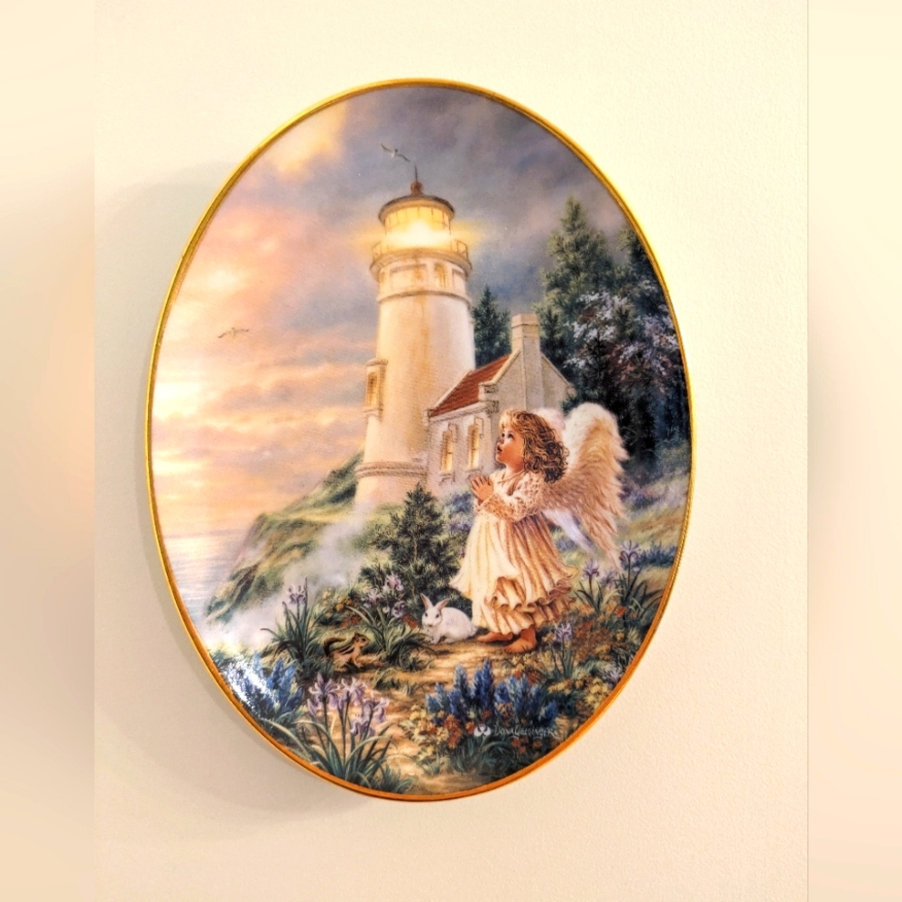 Plate Bradford 98 Oval Gold Trim Angel Light House. Wall Decorations Plate